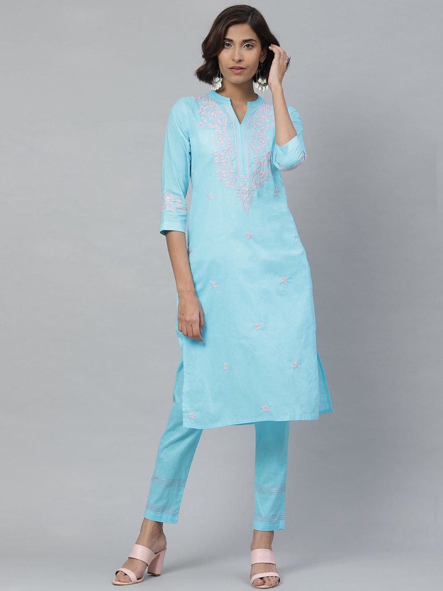 ADA Women Blue & Pink Chikankari Embroidered Sustainable Handloom Kurta with Trousers - Distacart