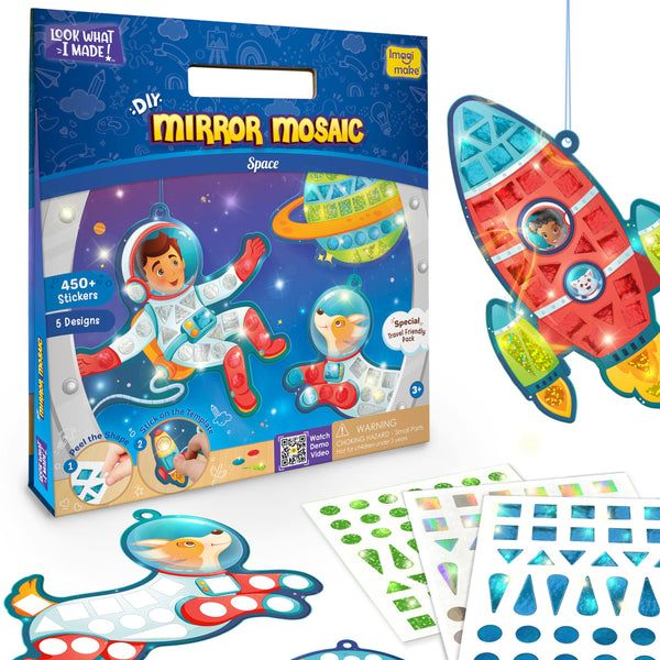 Imagimake Mirror Mosaic Space Theme Kids Art Set | DIY Craft Kit with Foil Stickers | Birthday Gift for Boys and Girls Ages 3-8 | Travel Toys | Crafts for Kids Ages 4-8