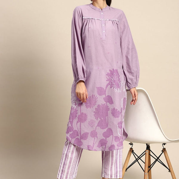 Anouk Women Lavender Floral Printed Pure Cotton Kurta with Trousers - Distacart