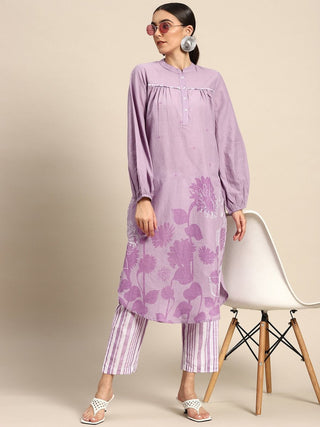 Anouk Women Lavender Floral Printed Pure Cotton Kurta with Trousers - Distacart