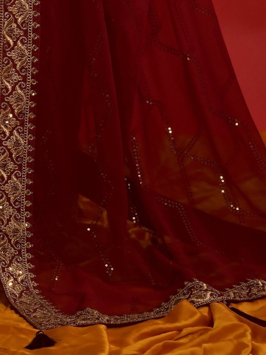 Anouk Maroon & Gold-Toned Embellished Embroidered Pure Georgette Saree - Distacart