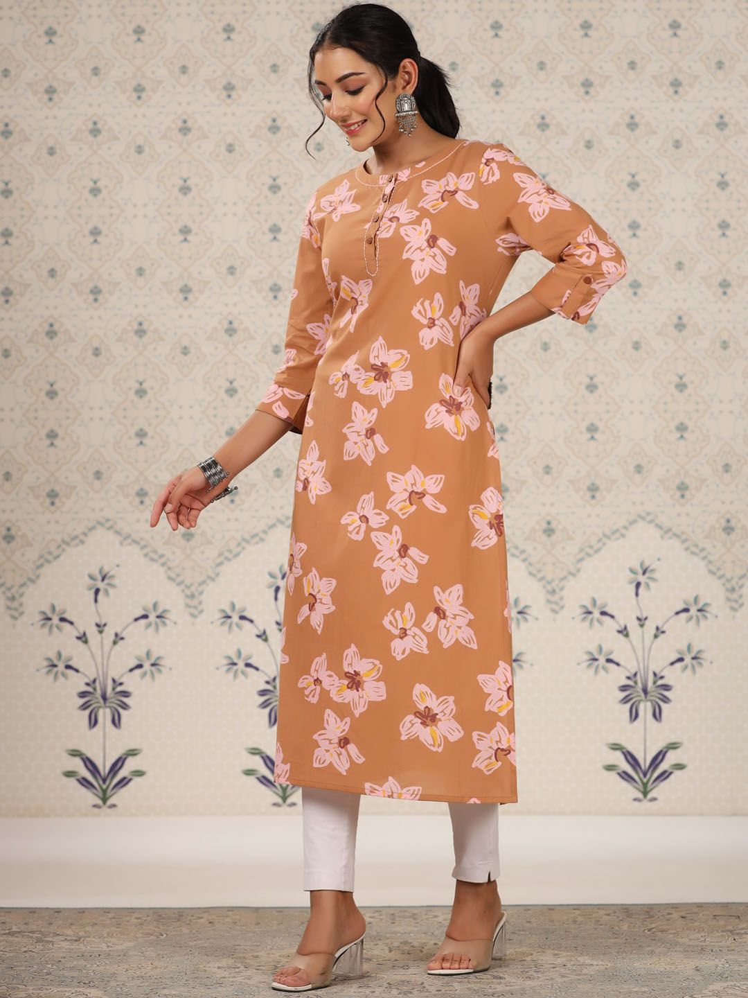 Ode by House of Pataudi Floral Printed Pure Cotton Straight Kurta - Distacart