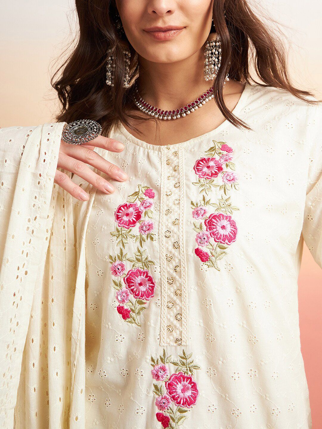 Sangria Pure Cotton Floral Embroidered Straight Kurta With Trousers & Dupatta - Distacart