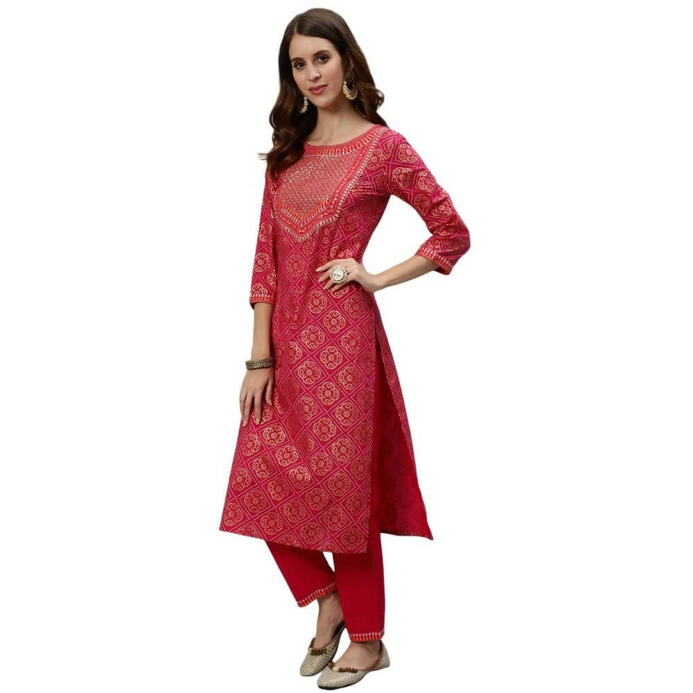 Anubhutee Women's Cotton Ethnic Motifs Embroidered Regular Sequinned Fuchsia Kurta Set - Distacart