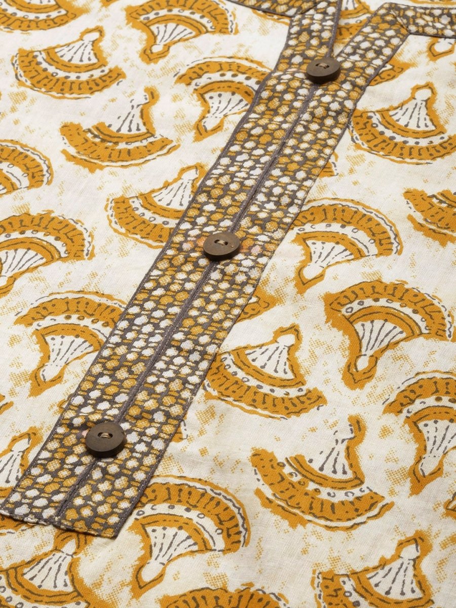 Anouk Women Off White & Mustard Yellow Pure Cotton Printed Kurta with Palazzos & Dupatta - Distacart