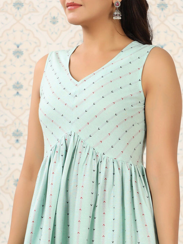 Ode by House of Pataudi Green Geometric Printed A-Line Kurta - Distacart