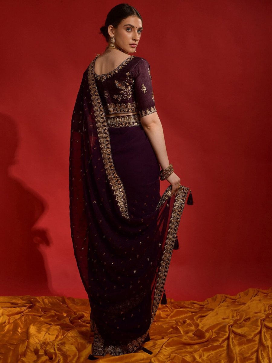 Anouk Purple & Gold-Toned Floral Embroidered Pure Georgette Saree - Distacart