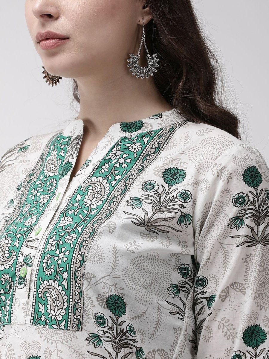 Anouk Off White Ethnic Motifs Printed Mandarin Collar Cotton Straight Kurta - Distacart