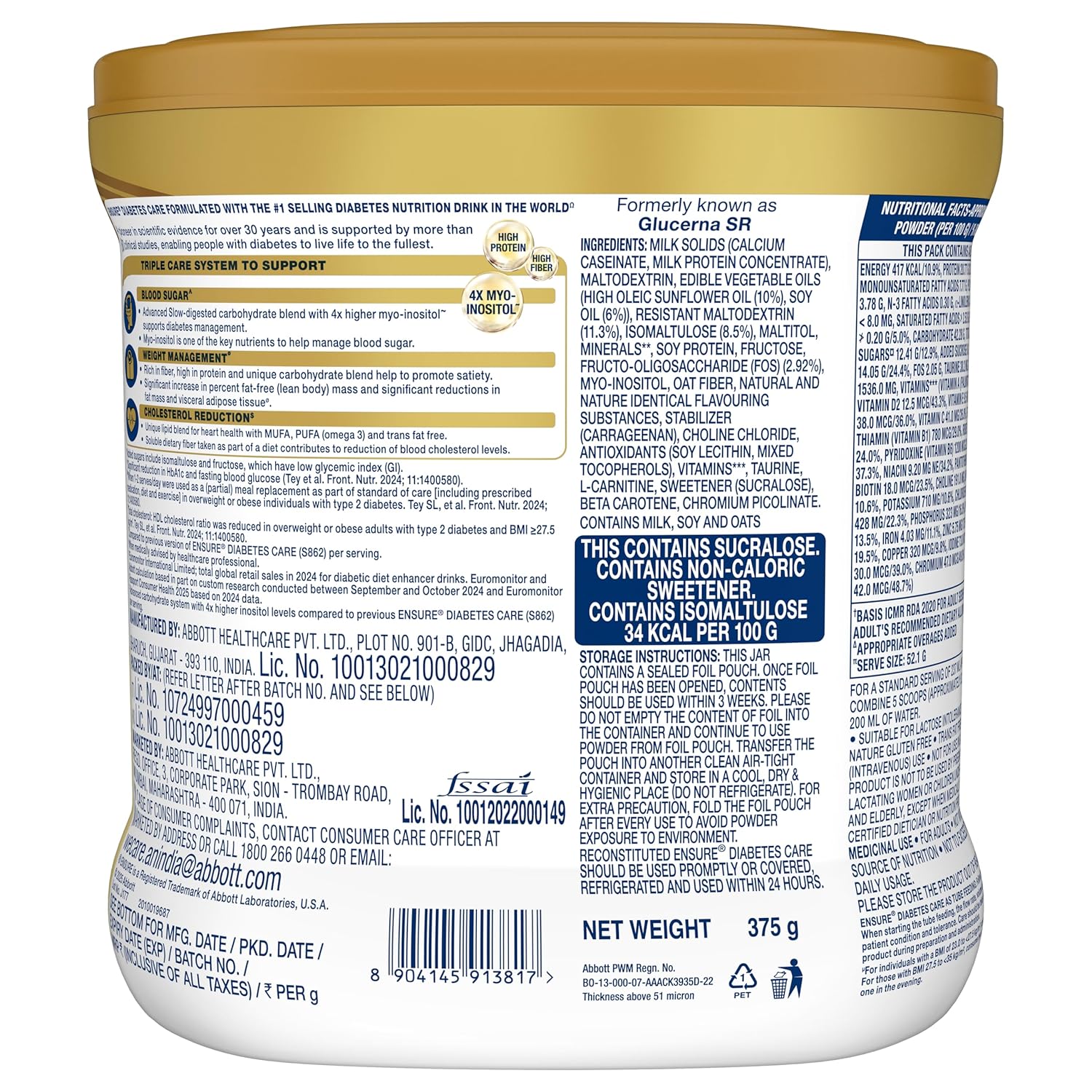 Ensure Diabetes Care Powder Vanilla Flavour - Sugar Free Health Drink - Distacart