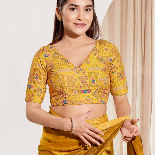 Joban Fashion Yellow Viscose Rayon Padded Blouse With V Neck Elbow Sleeves