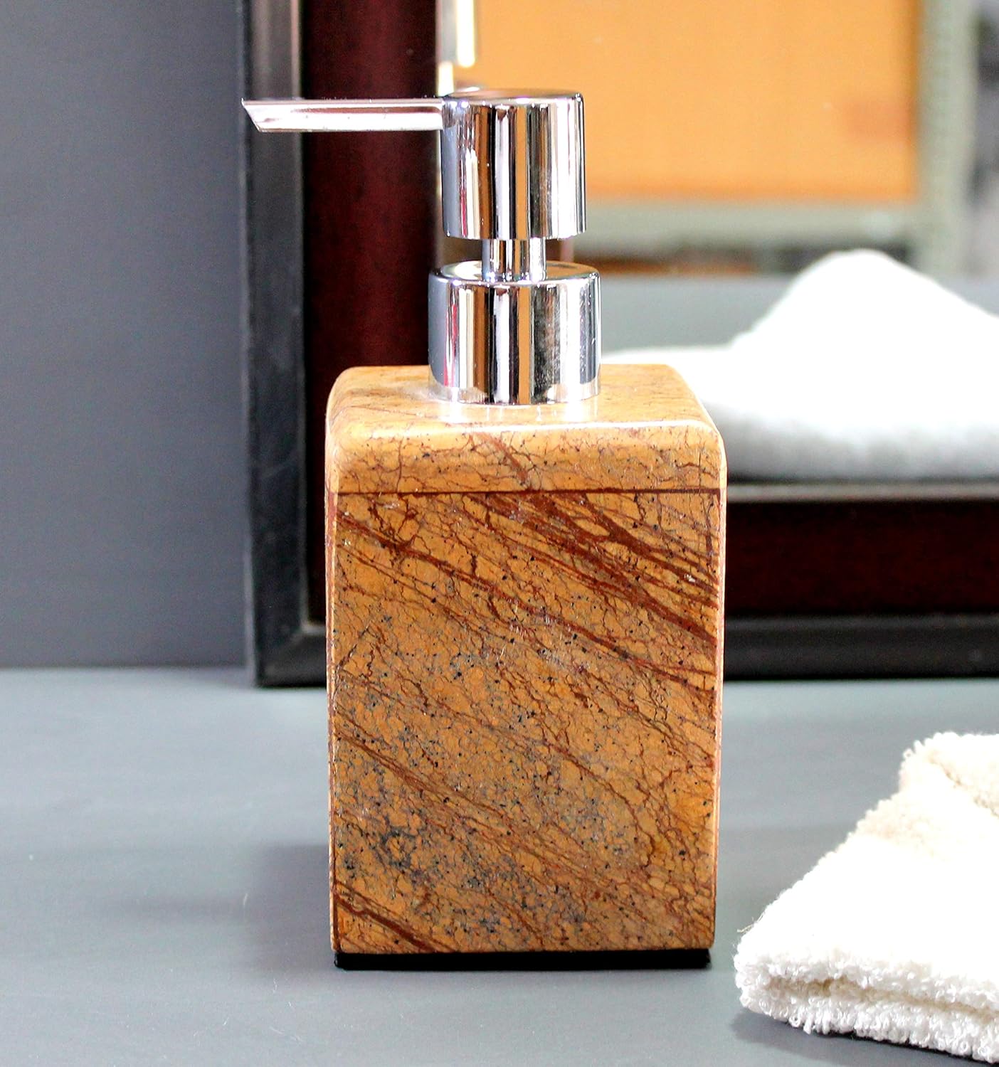 KLEO Soap / Lotion Dispenser - Made of Genuine Indian Marble - Luxury Bathroom Accessories Bath Set - Brown - Dista