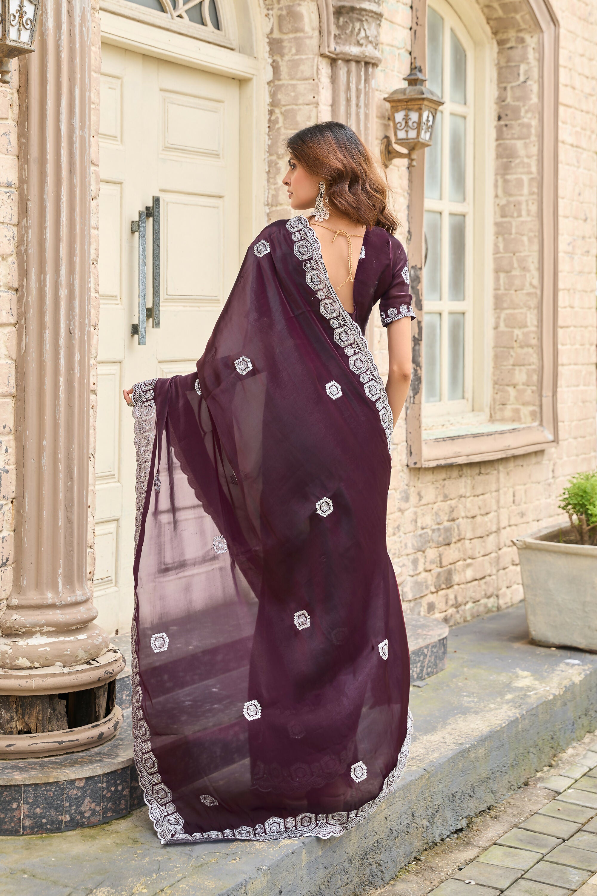 Vastranavya Wine Embroidery Work Shimmer Chiffon Saree with Unstitched Blouse