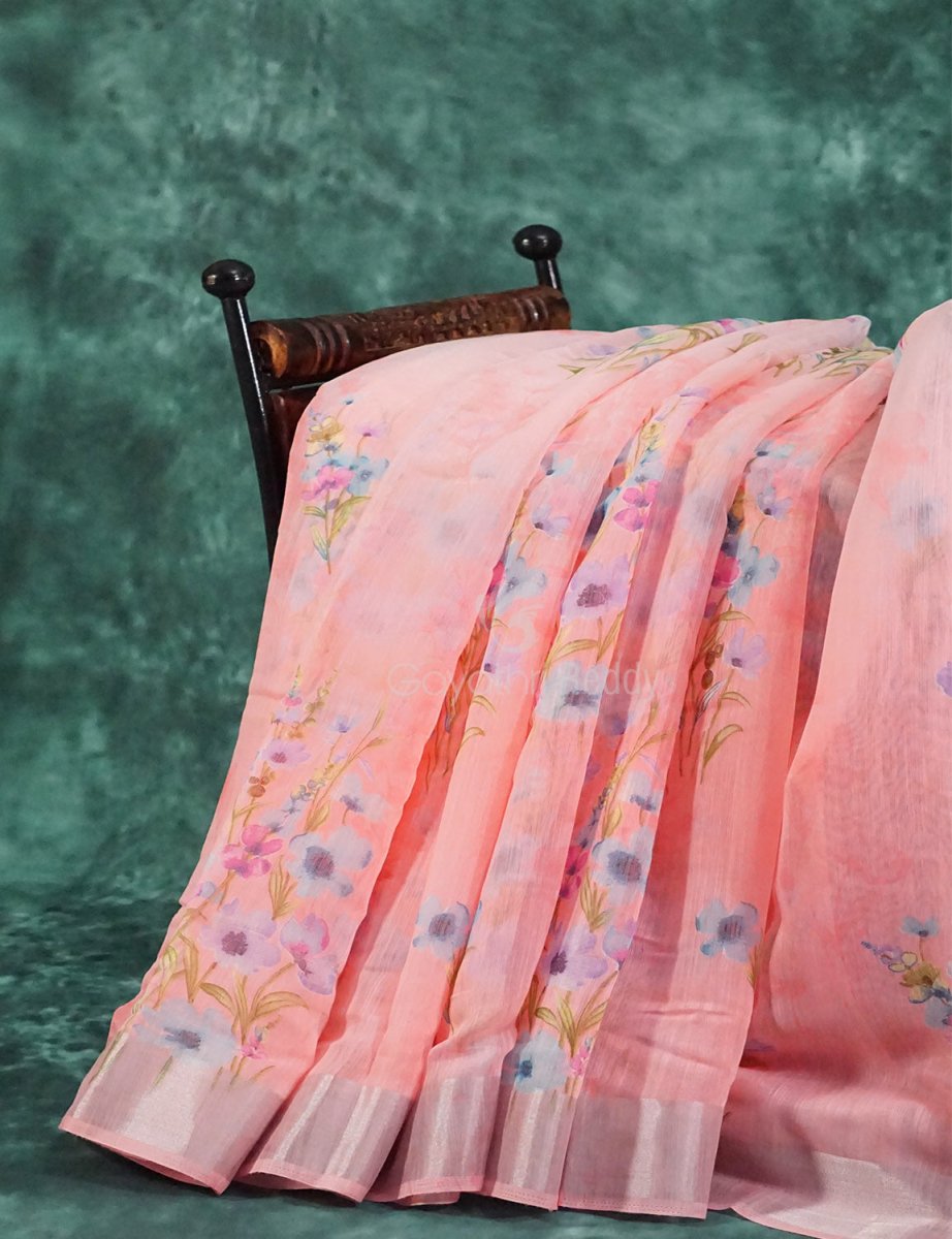 Baby Peach Floral Print Semi Chanderi Saree By Gayathri Reddy Designer Studio - Distacart