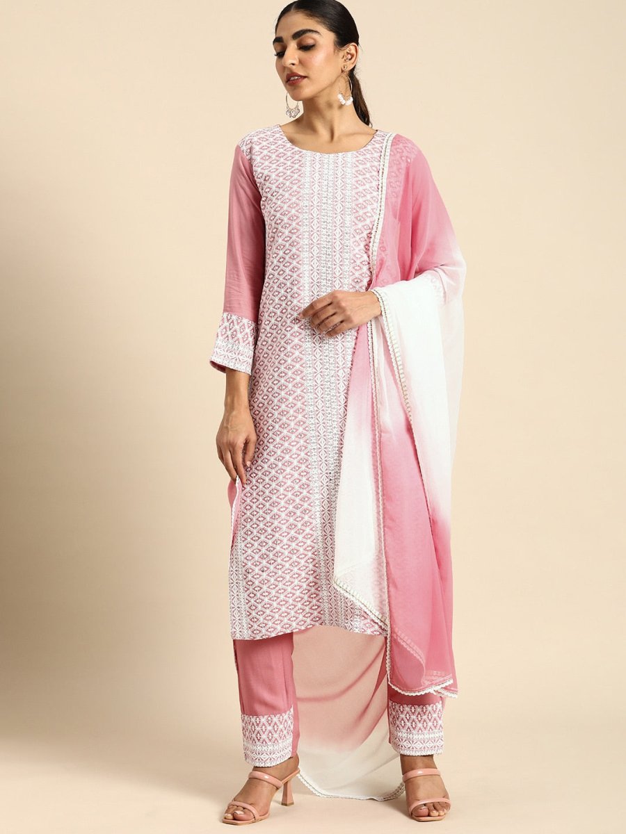 All About You Women Embroidered Chikankari Kurta With Trousers & With Dupatta - Distacart