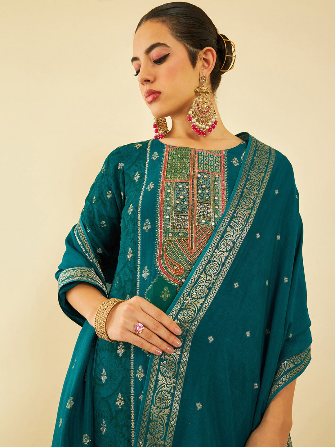 Soch Floral Printed Round Neck Three-Quarter Sleeves Kurta with Trousers & With Dupatta - Distacart