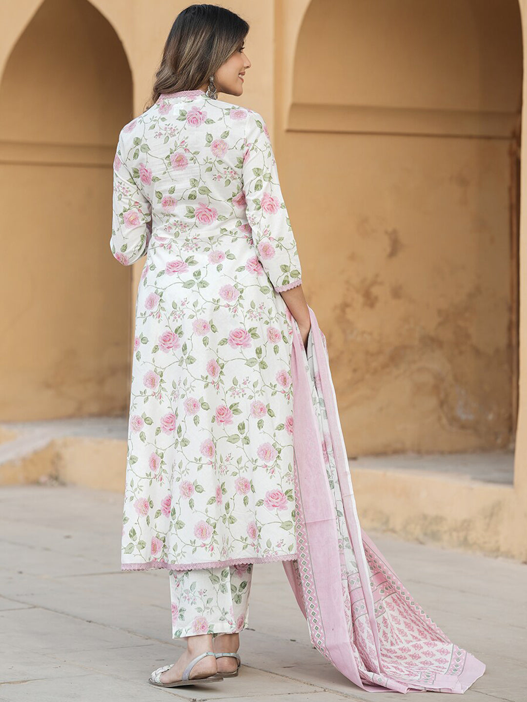 Kalini Women Floral Printed Regular Thread Work Pure Cotton Kurta with Trousers & Dupatta - Distacart