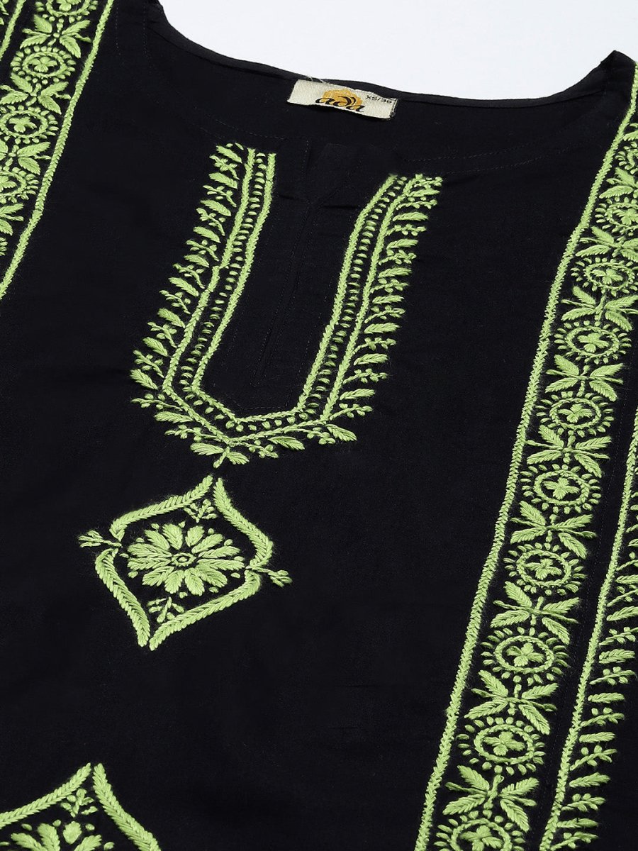 ADA Women Black & Green Ethnic Motifs Embroidered Chikankari Handloom Handloom Kurta - Distacart