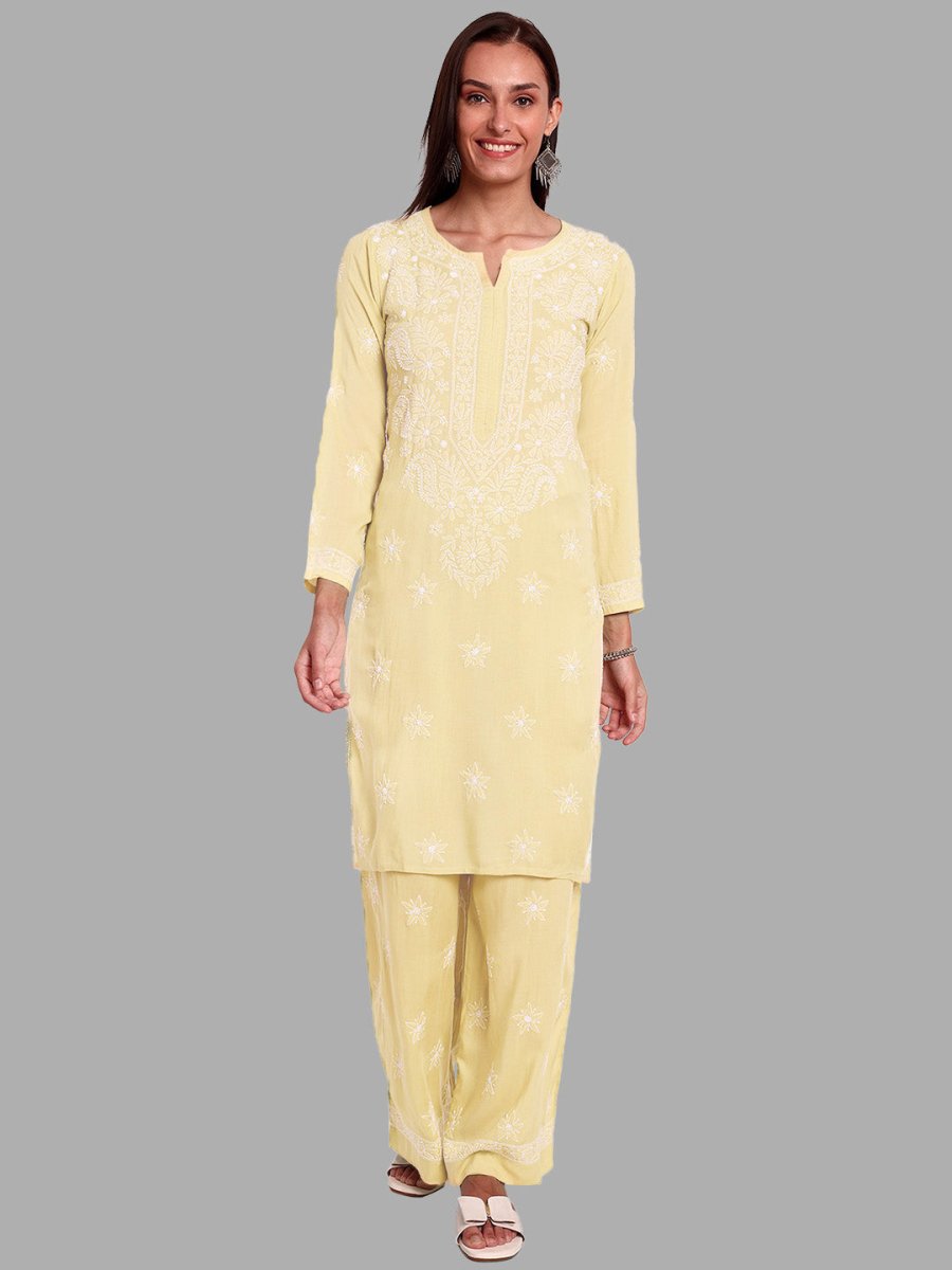 ADA Ethnic Motifs Embroidered Regular Chikankari Kurta with Palazzos - Distacart