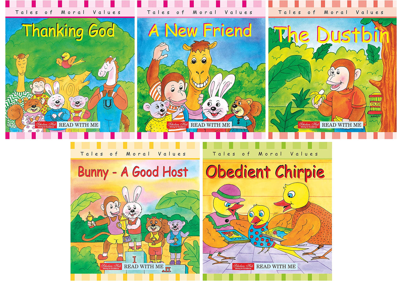 Storybook For Kids: Scholars Hub Moral Values Story Set 1 (Set Of 5 Books) (Illustrated) (Ages 5+) (80 Pages) | Thanking God | A New Friend | The Dustbin | Bunny- A Good Host | Obedient Chirpie - Dista