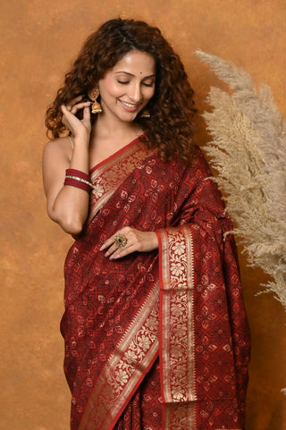 Very Much Indian Modal Silk Ajrakh Handblock Printed Natural Dyes With Designer Border Saree - Red - Distacart