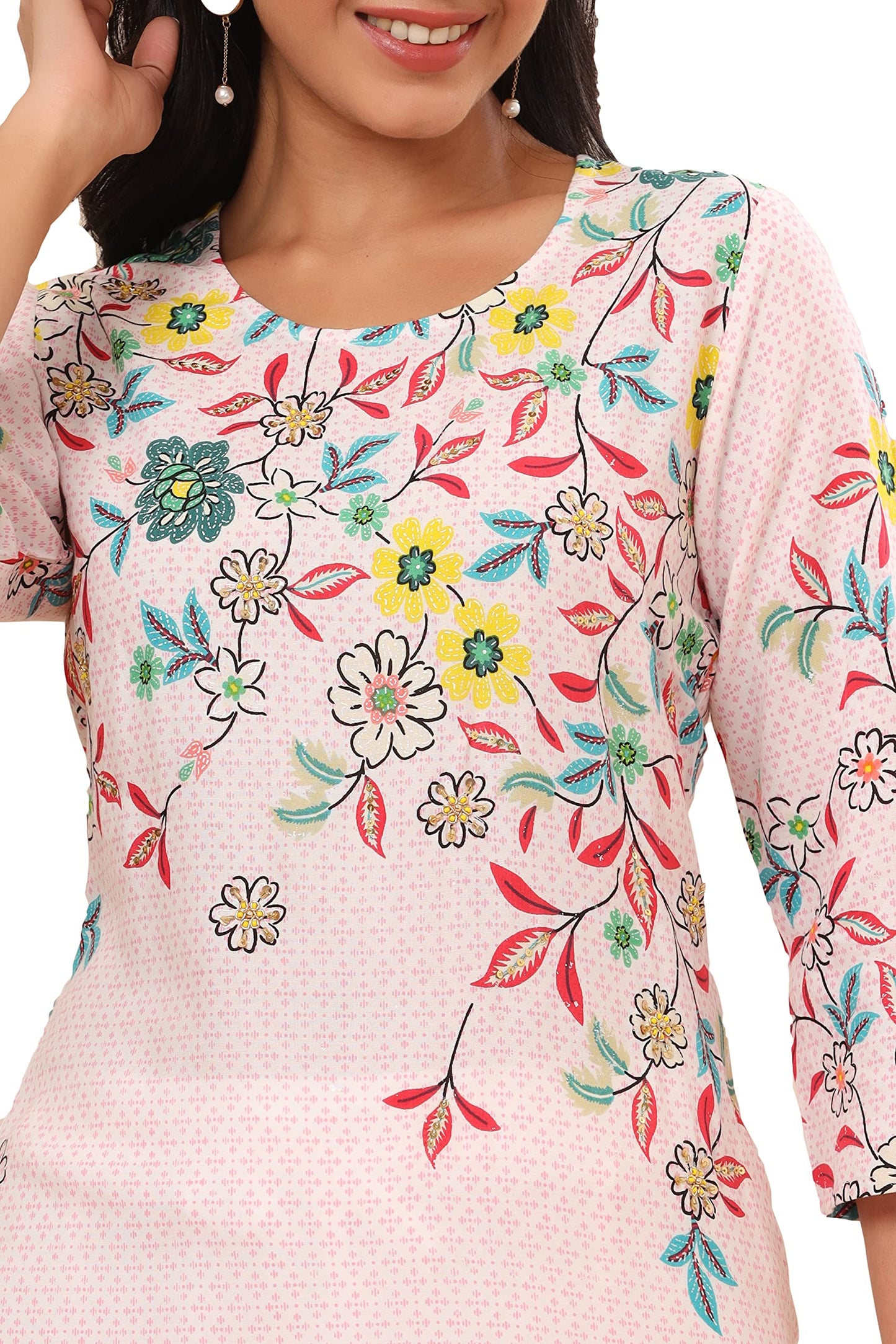 Juniper Women's Pink Floral Printed Rayon Kurta With Sequins & Beads Work - Distacart