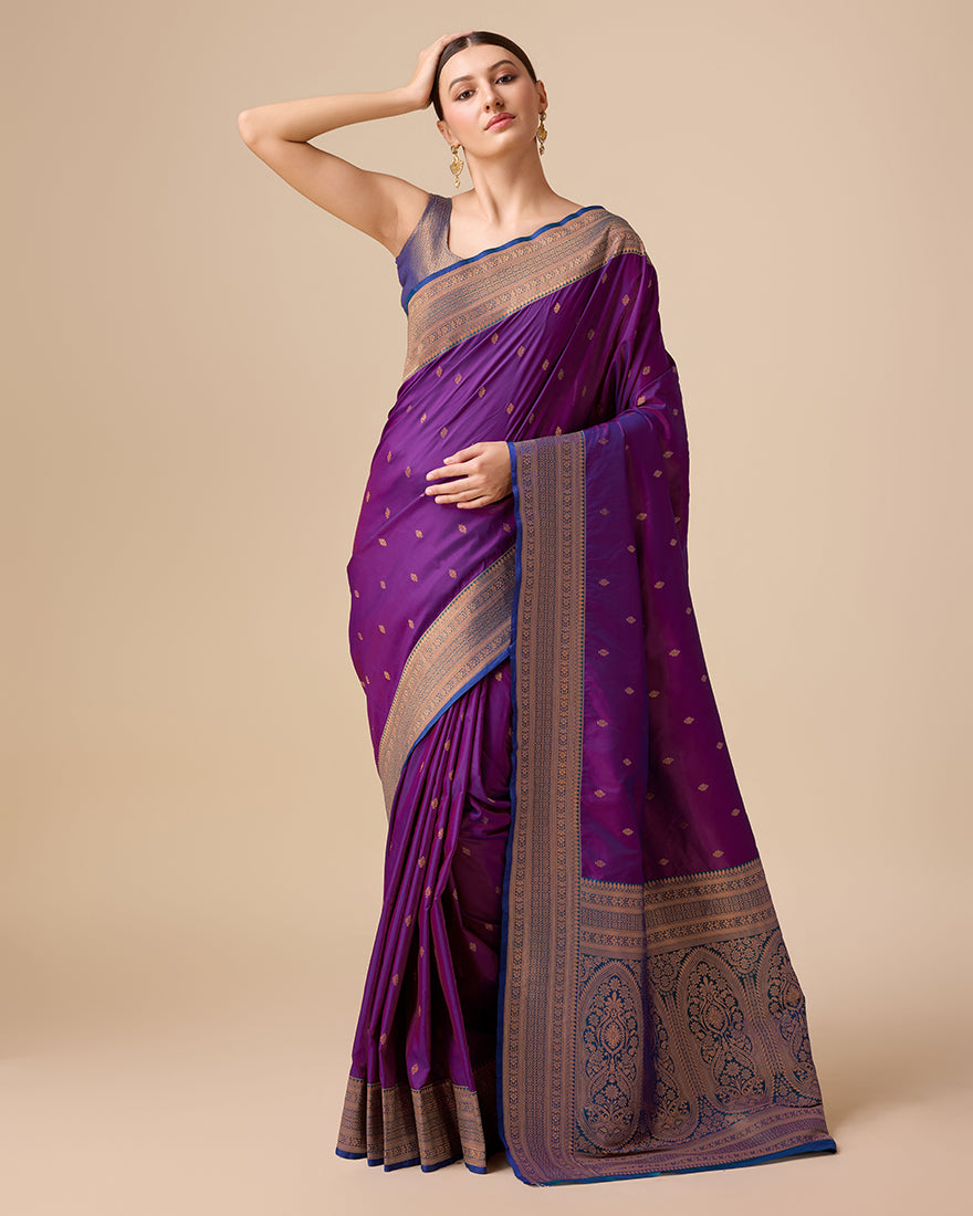 Monjolika Fashion Elegant Dark Purple Banarasi With Intricate Zari Work With Rich Brocade Patterns Silk Saree - Distacart