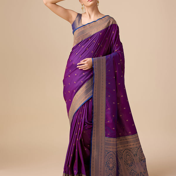 Monjolika Fashion Elegant Dark Purple Banarasi With Intricate Zari Work With Rich Brocade Patterns Silk Saree - Distacart
