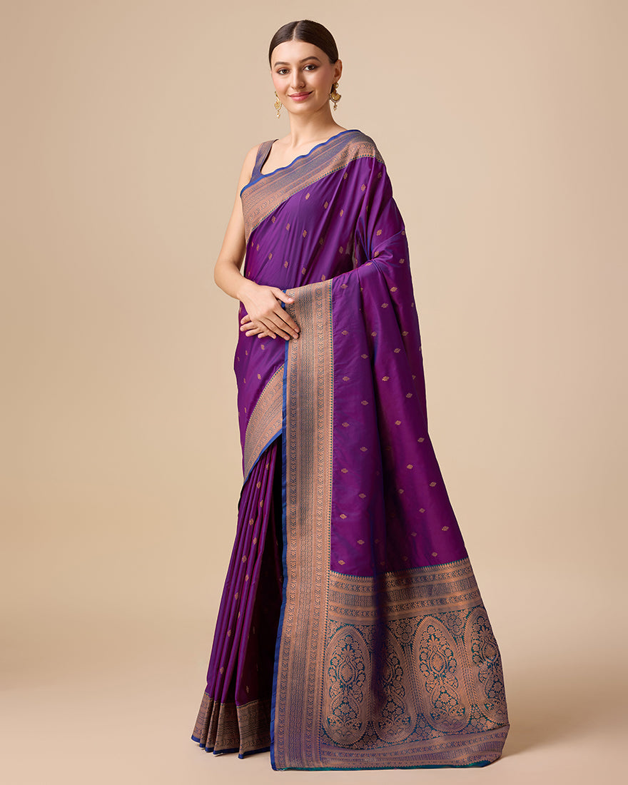 Monjolika Fashion Elegant Dark Purple Banarasi With Intricate Zari Work With Rich Brocade Patterns Silk Saree - Distacart