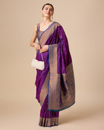 Thumbnail for Monjolika Fashion Elegant Dark Purple Banarasi With Intricate Zari Work With Rich Brocade Patterns Silk Saree - Distacart