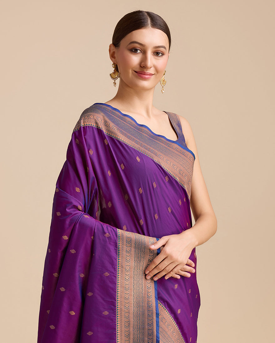 Monjolika Fashion Elegant Dark Purple Banarasi With Intricate Zari Work With Rich Brocade Patterns Silk Saree - Distacart
