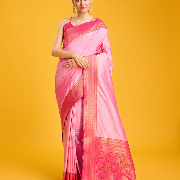 Monjolika Fashion Elegant Light Pink Banarasi With Intricate Zari Work With Rich Brocade Patterns Silk Saree - Distacart