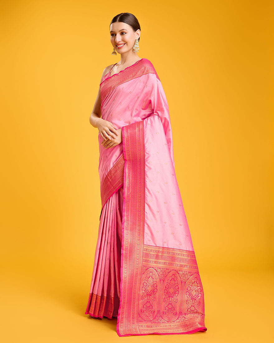 Monjolika Fashion Elegant Light Pink Banarasi With Intricate Zari Work With Rich Brocade Patterns Silk Saree - Distacart
