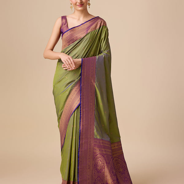 Monjolika Fashion Elegant Olive Green Banarasi With Intricate Zari Work With Rich Brocade Patterns Silk Saree - Distacart