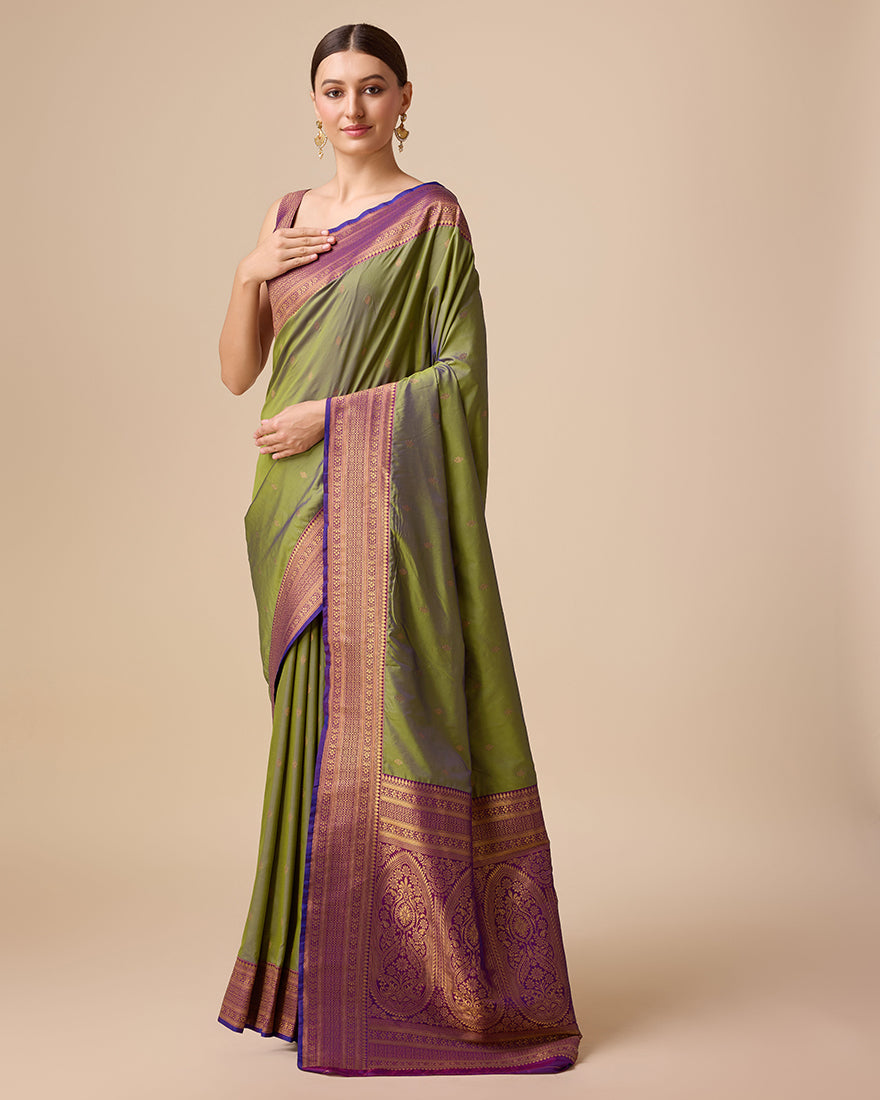 Monjolika Fashion Elegant Olive Green Banarasi With Intricate Zari Work With Rich Brocade Patterns Silk Saree - Distacart