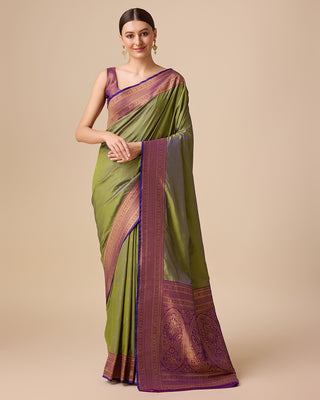Monjolika Fashion Elegant Olive Green Banarasi With Intricate Zari Work With Rich Brocade Patterns Silk Saree - Distacart