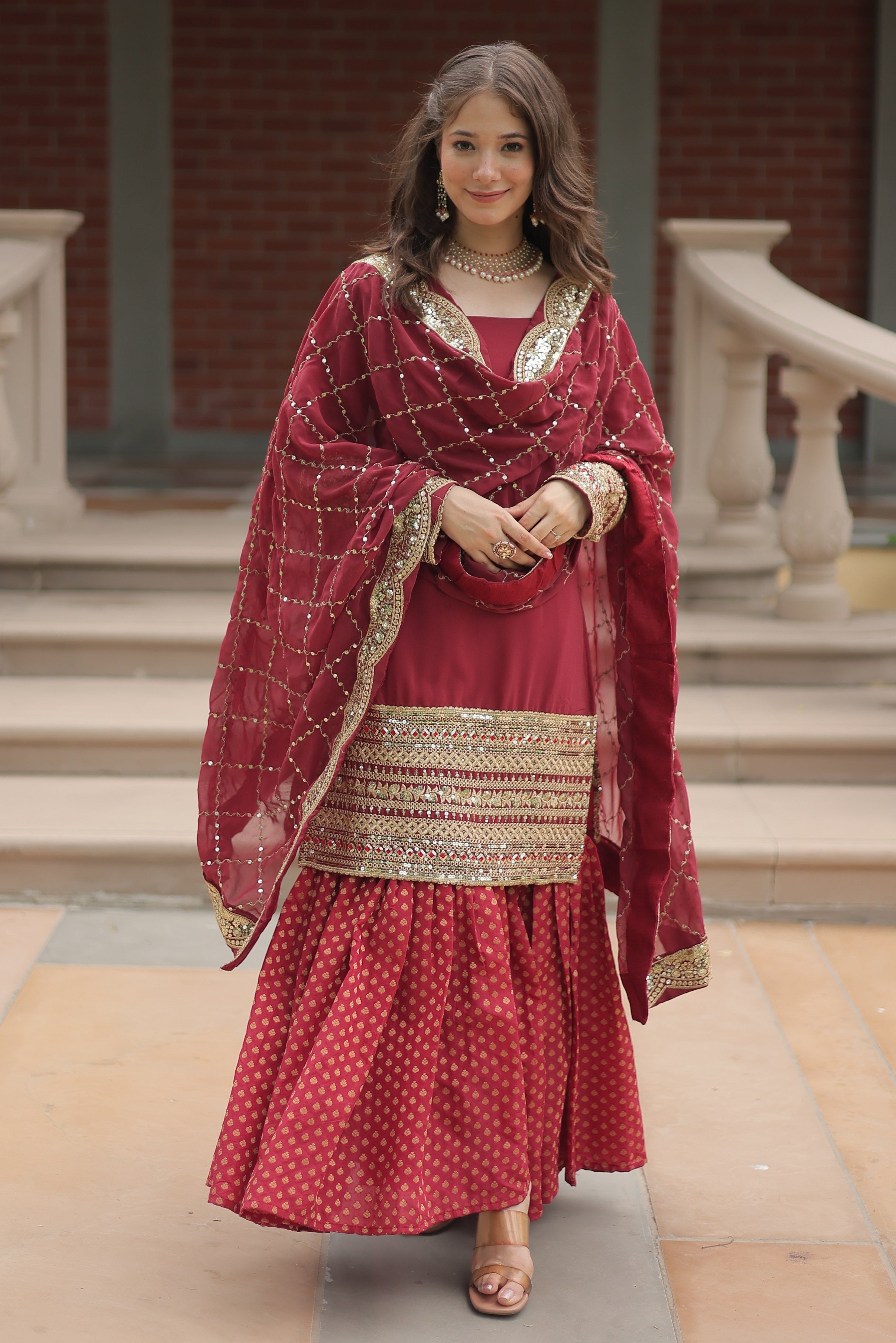 Vedant Vastram Heavy Embroidery & Sequins Work Pure Georgette Top Sharara Set With Dupatta - Maroon - Distacart