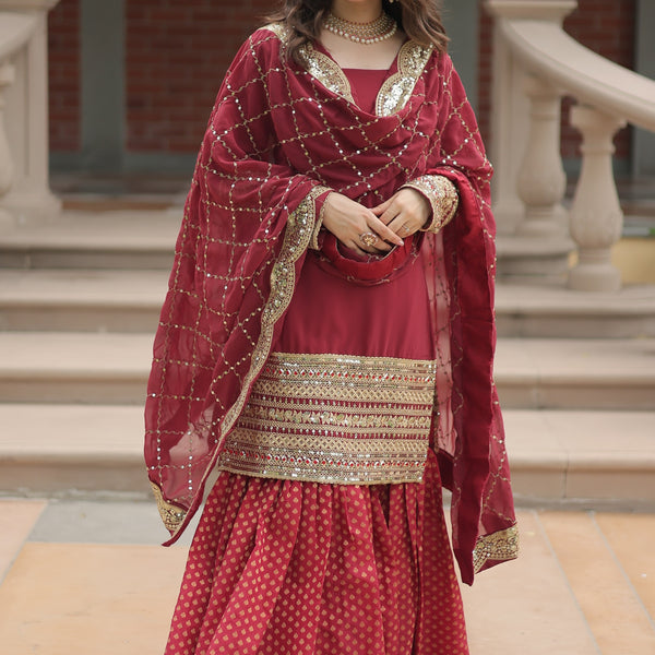 Vedant Vastram Heavy Embroidery & Sequins Work Pure Georgette Top Sharara Set With Dupatta - Maroon - Distacart
