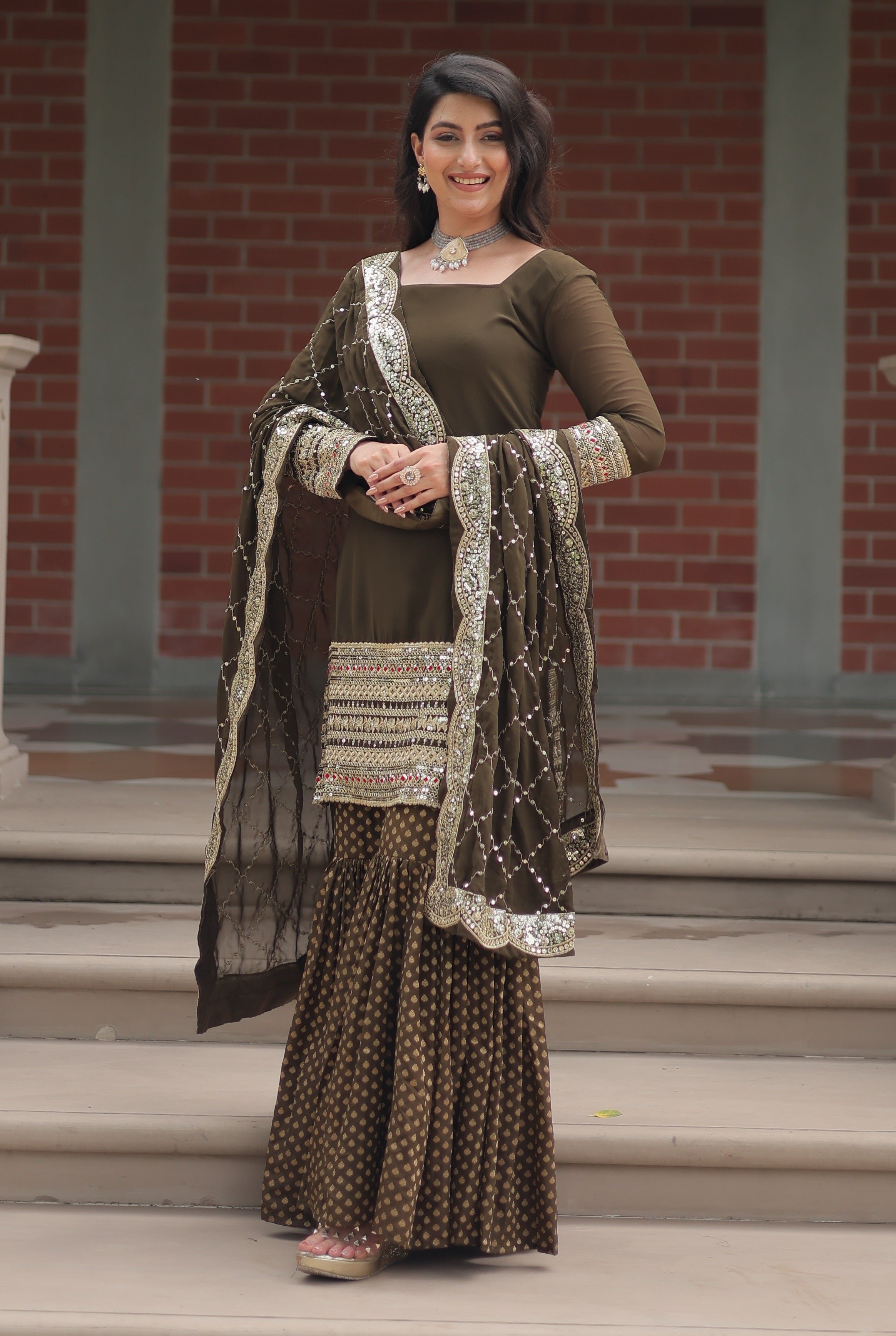 Vedant Vastram Heavy Embroidery & Sequins Work Pure Georgette Top Sharara Set With Dupatta - Mehendi - Distacart