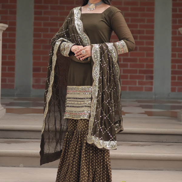 Vedant Vastram Heavy Embroidery & Sequins Work Pure Georgette Top Sharara Set With Dupatta - Mehendi - Distacart