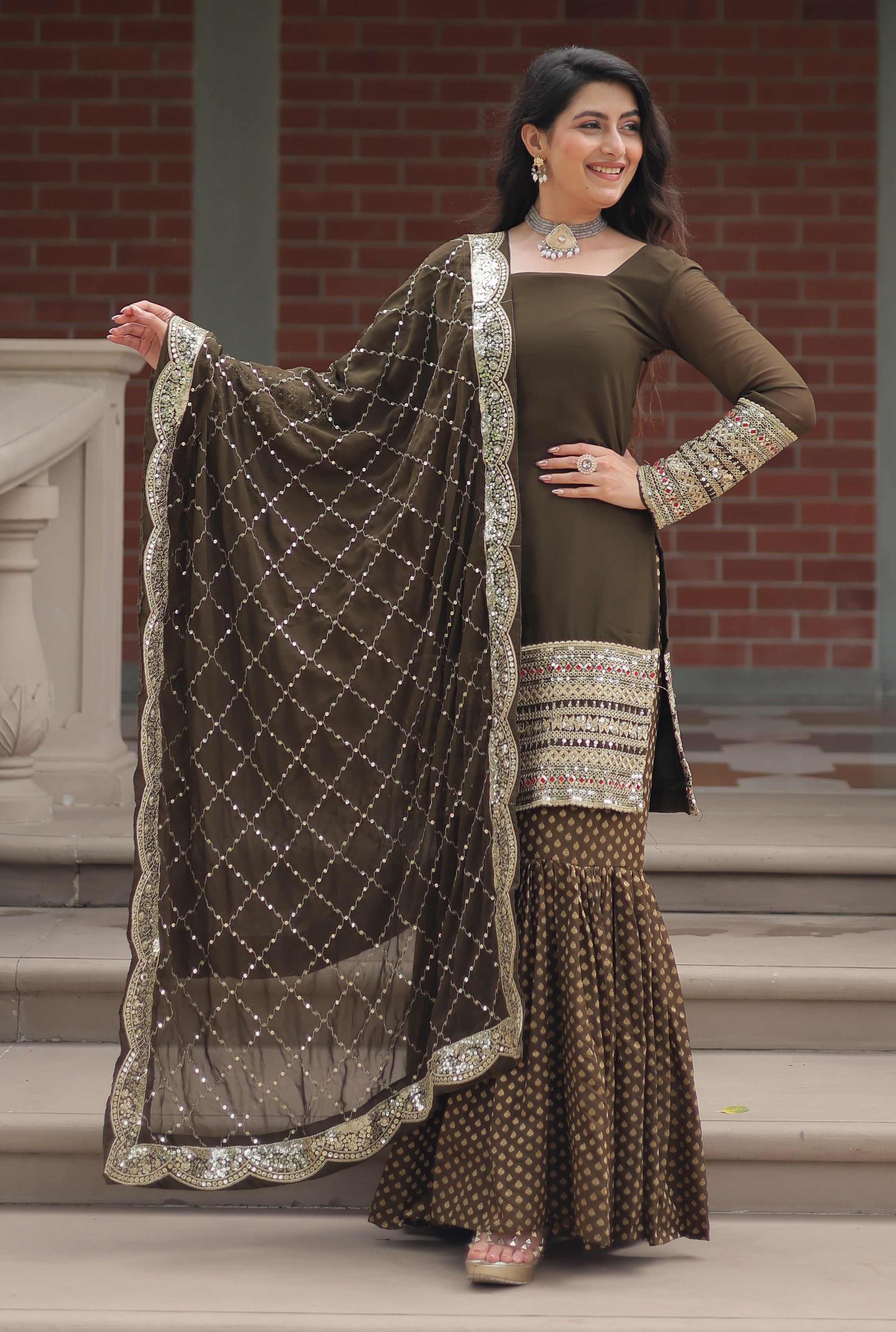 Vedant Vastram Heavy Embroidery & Sequins Work Pure Georgette Top Sharara Set With Dupatta - Mehendi - Distacart