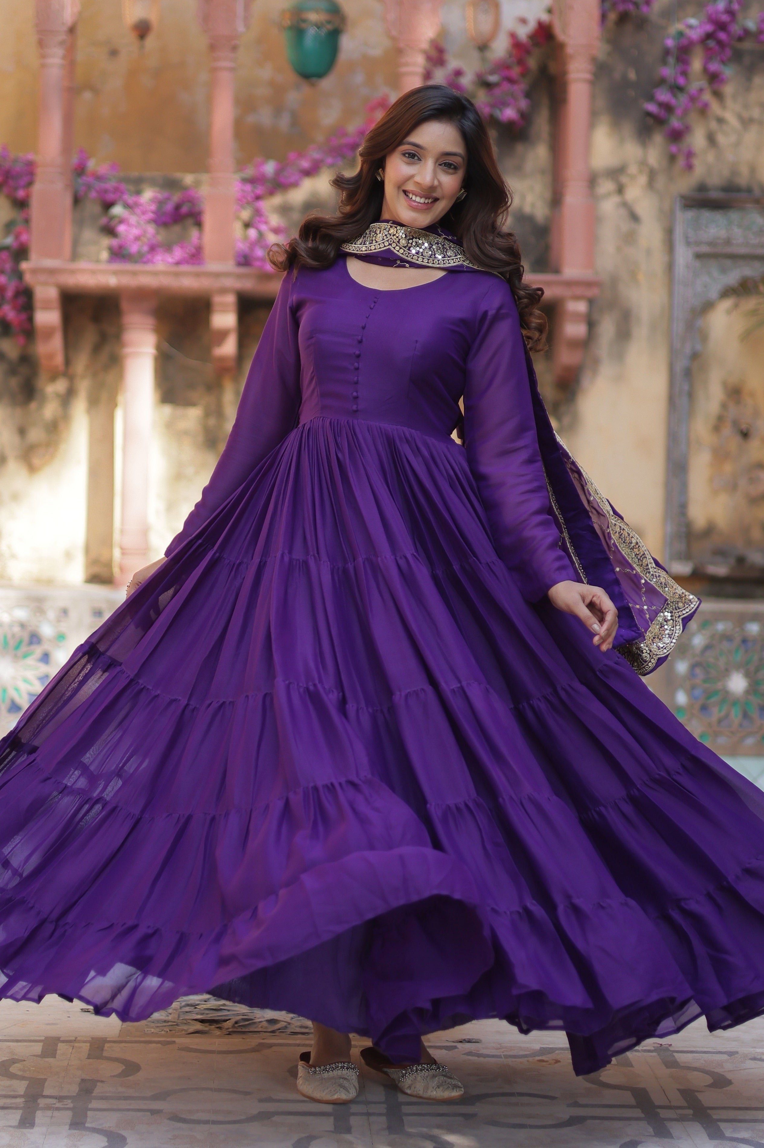 Vedant Vastram Heavy Embroidery & Sequins Work Pure Georgette Gown With Dupatta - Violet - Distacart