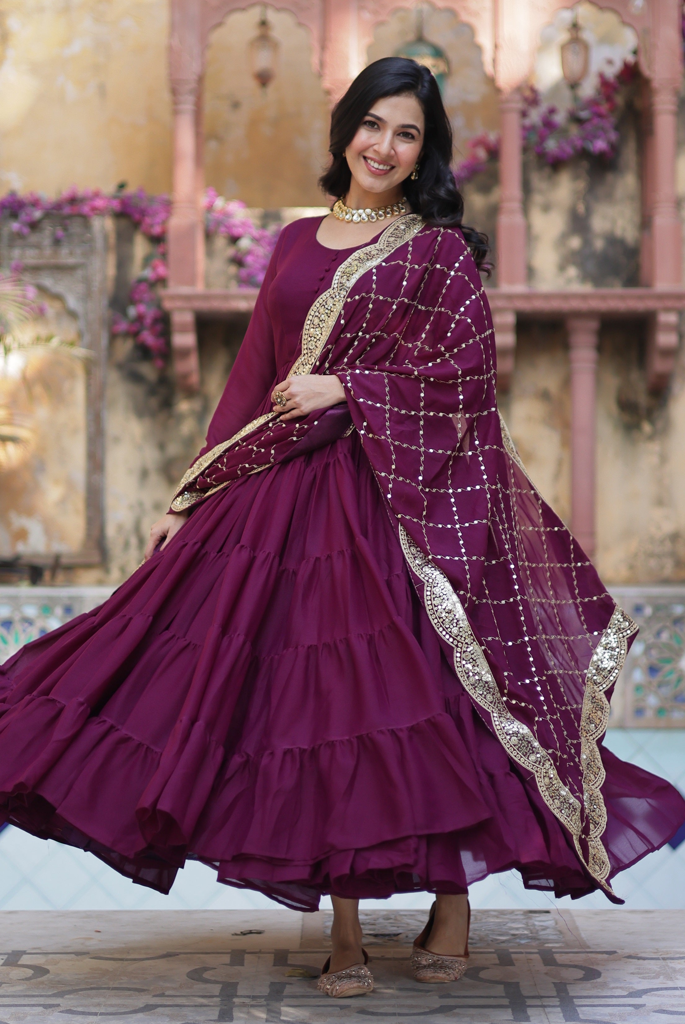 Vedant Vastram Heavy Embroidery & Sequins Work Pure Georgette Gown With Dupatta - Wine - Distacart