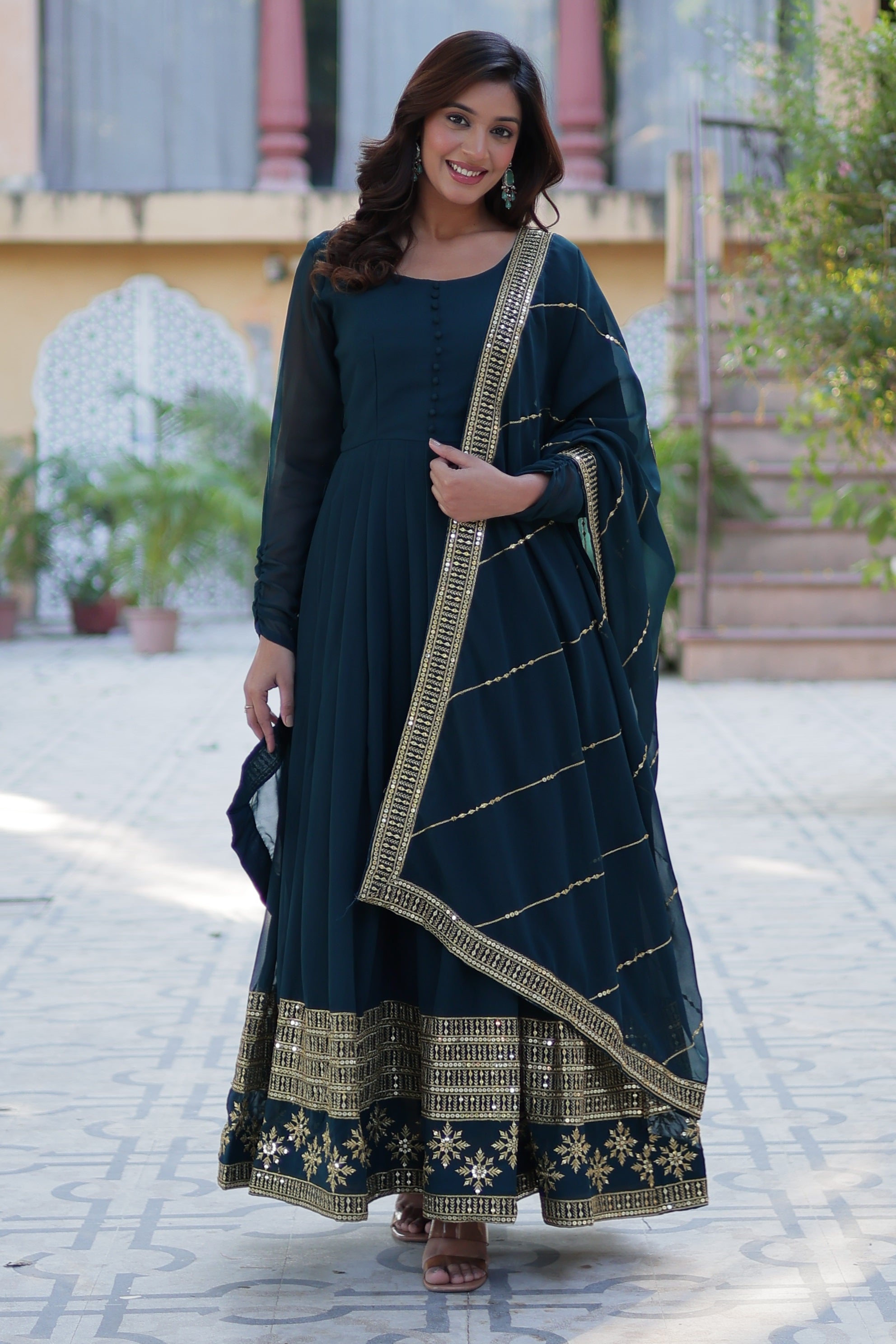 Vedant Vastram Heavy Embroidery & Sequins Work Pure Georgette Gown With Dupatta - Rama Blue - Distacart