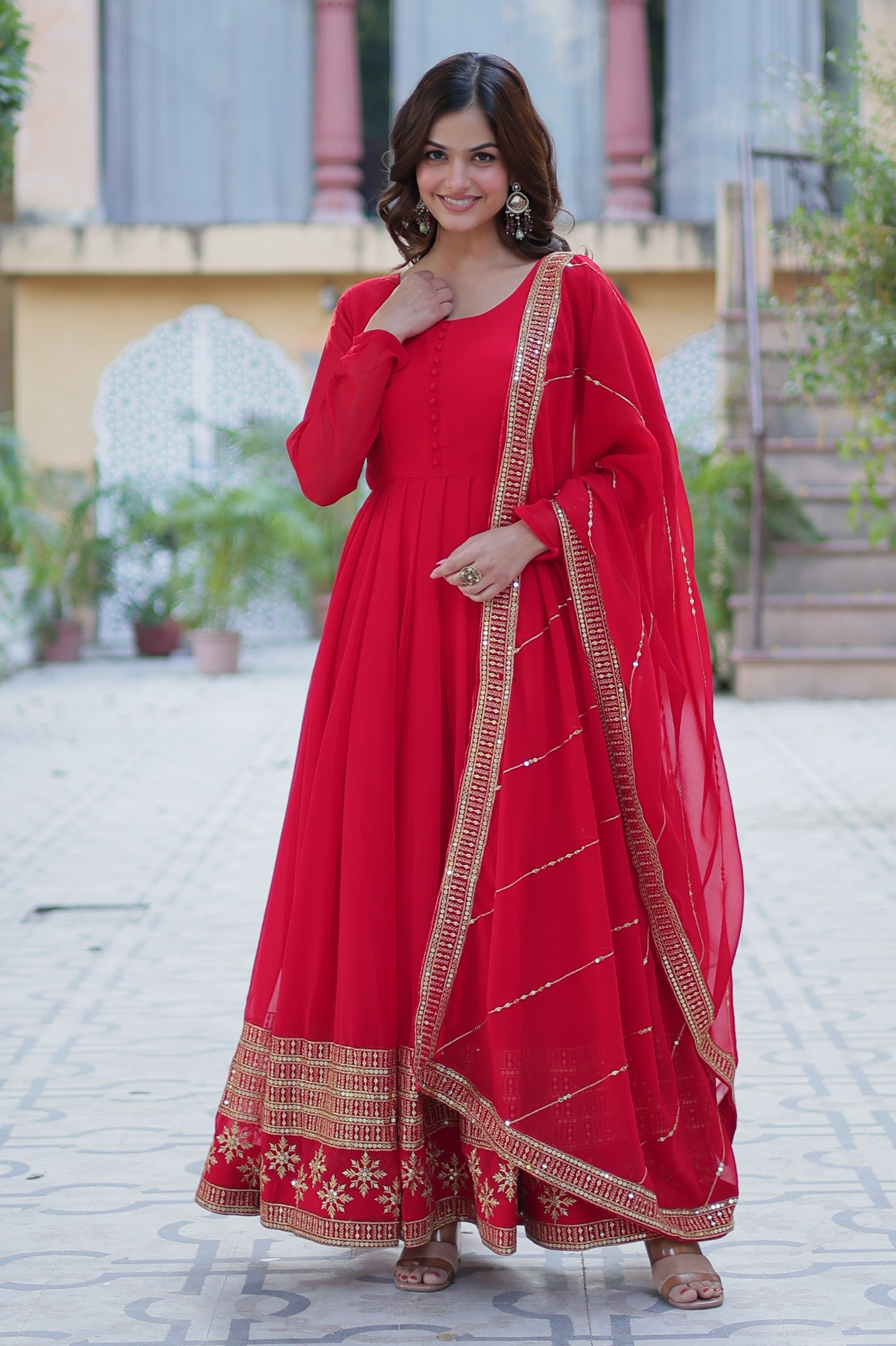 Vedant Vastram Heavy Embroidery & Sequins Work Pure Georgette Gown With Dupatta - Red - Distacart