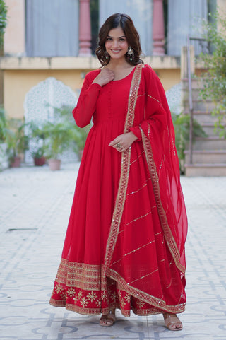 Vedant Vastram Heavy Embroidery & Sequins Work Pure Georgette Gown With Dupatta - Red - Distacart