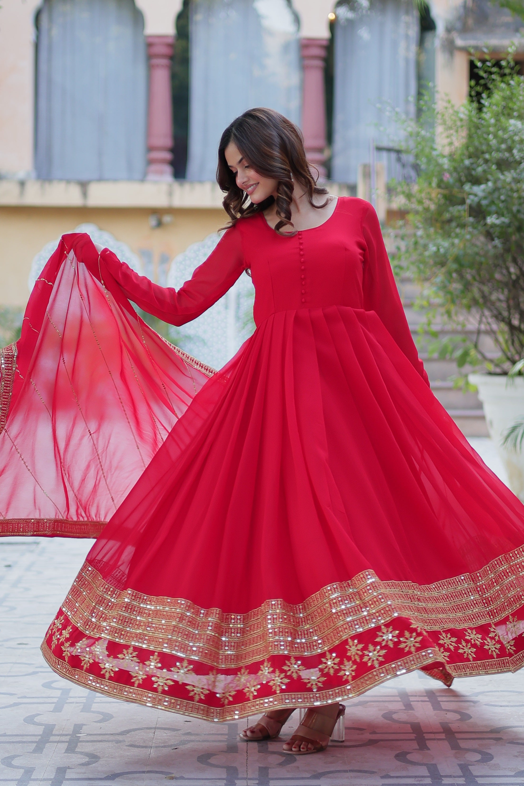 Vedant Vastram Heavy Embroidery & Sequins Work Pure Georgette Gown With Dupatta - Red - Distacart