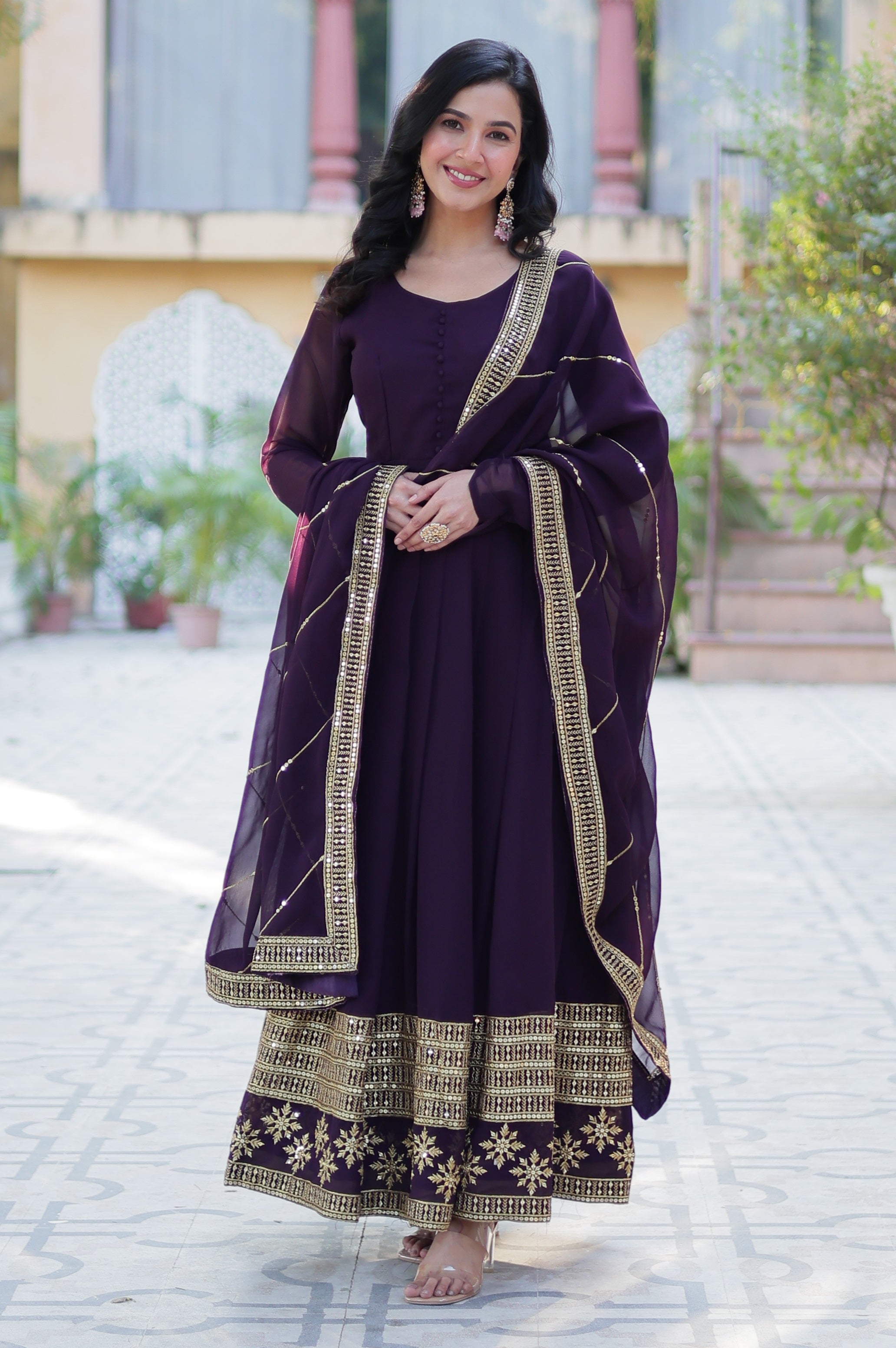 Vedant Vastram Heavy Embroidery & Sequins Work Pure Georgette Gown With Dupatta - Wine - Distacart