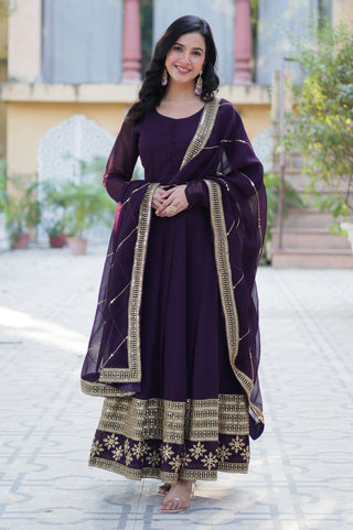 Vedant Vastram Heavy Embroidery & Sequins Work Pure Georgette Gown With Dupatta - Wine - Distacart