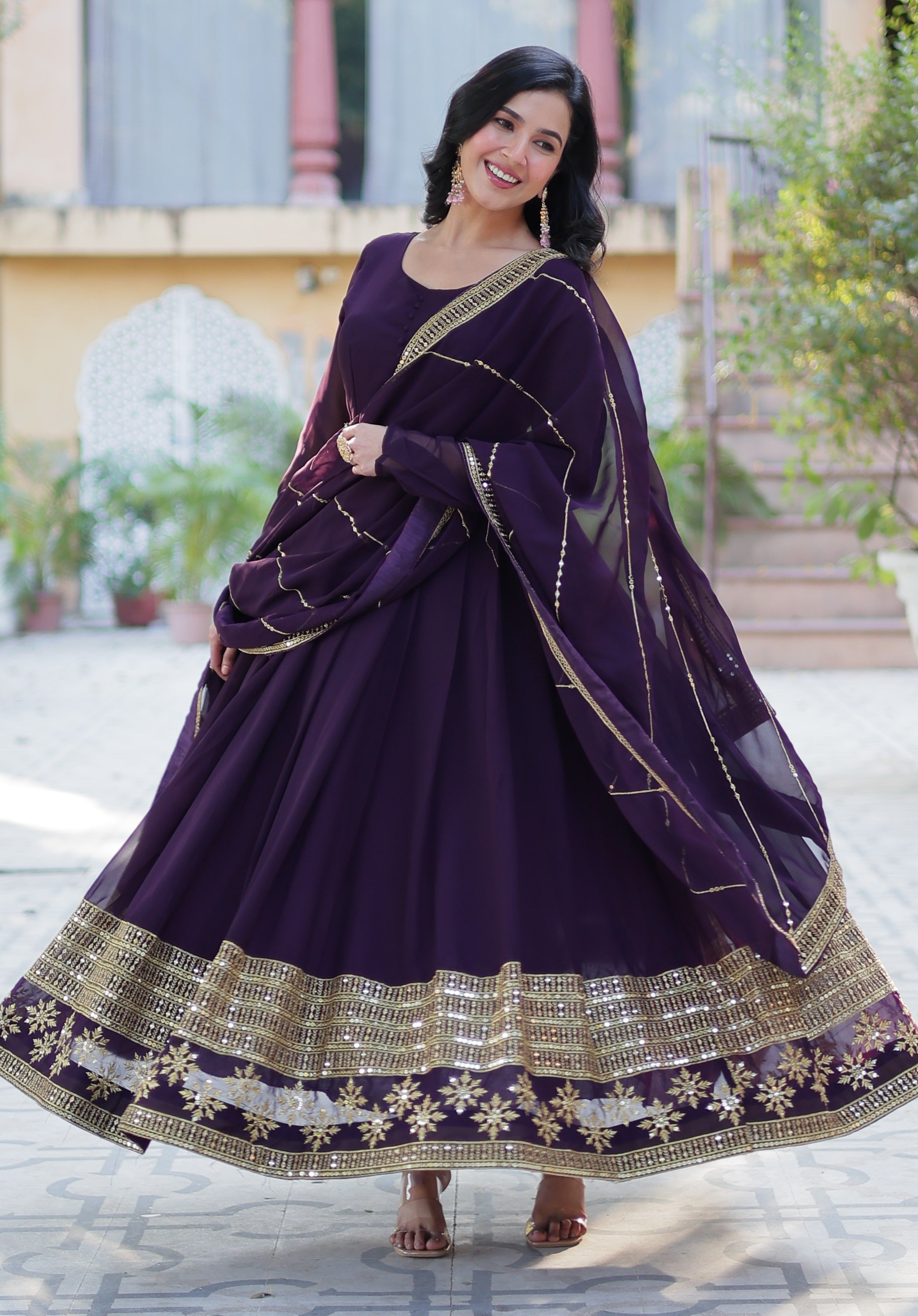 Vedant Vastram Heavy Embroidery & Sequins Work Pure Georgette Gown With Dupatta - Wine - Distacart