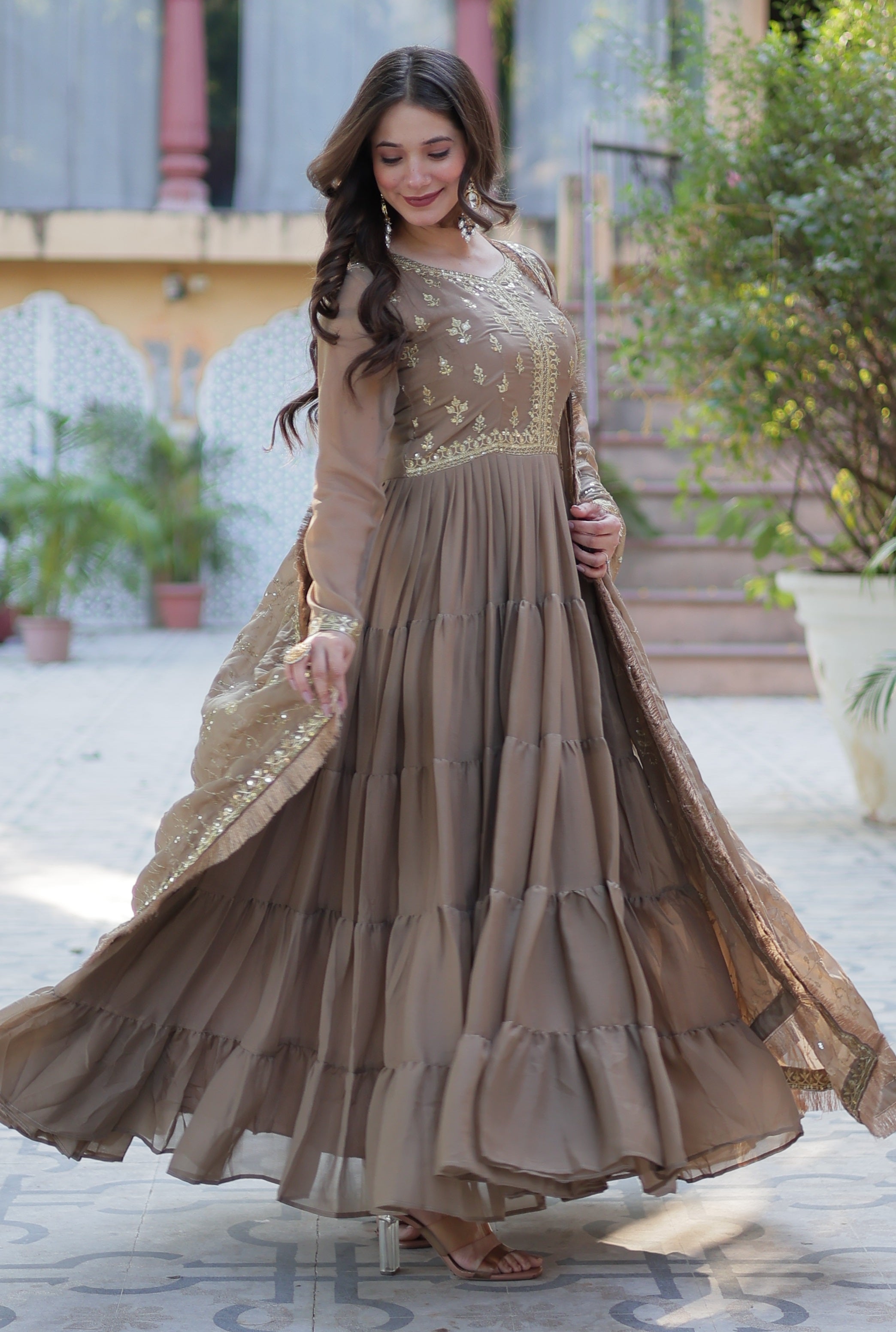 Vedant Vastram Heavy Embroidery & Sequins Work Pure Georgette Gown With Dupatta - Beige - Distacart